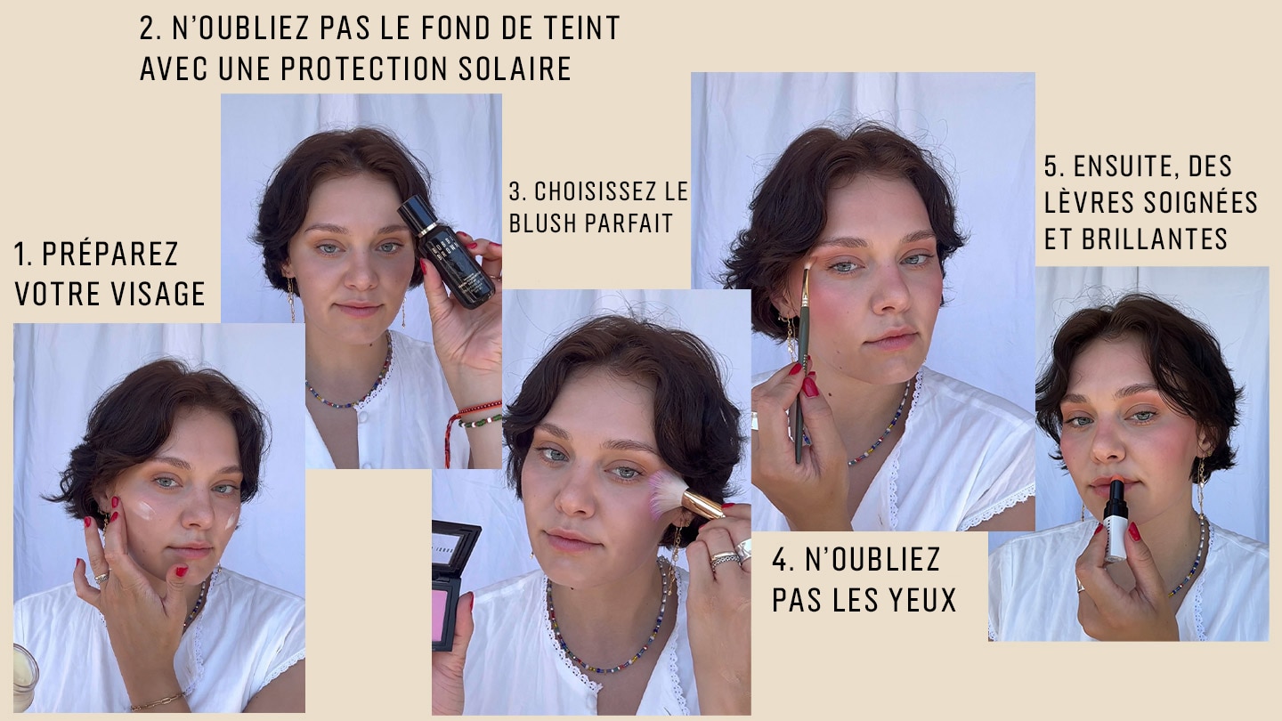 Image containing collage of bridal makeup close ups, including eye makeup, brow and lipstick application by an artist